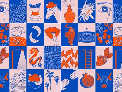 A Glimpse Of Childhood animals checkered childhood colors digital art drawing elements food fruits graphic grid illustration minimal nature nostalgic pattern procreate symbols texture