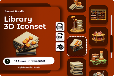 Library iconset, 3D illustration vintage