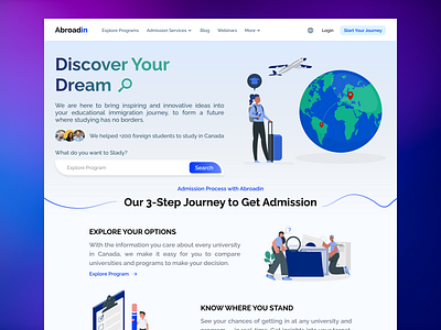Abroadin | Educational immigration | Redesign blue bluedesign desktop earth educational immigration explore figma immigration immigrationwebsite plane prototype redesign ui