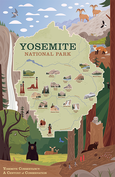 Yosemite Park Map animals forest icon design icons illustrated map illustration infographic map mountains national park national parks nature travel vector wildlife