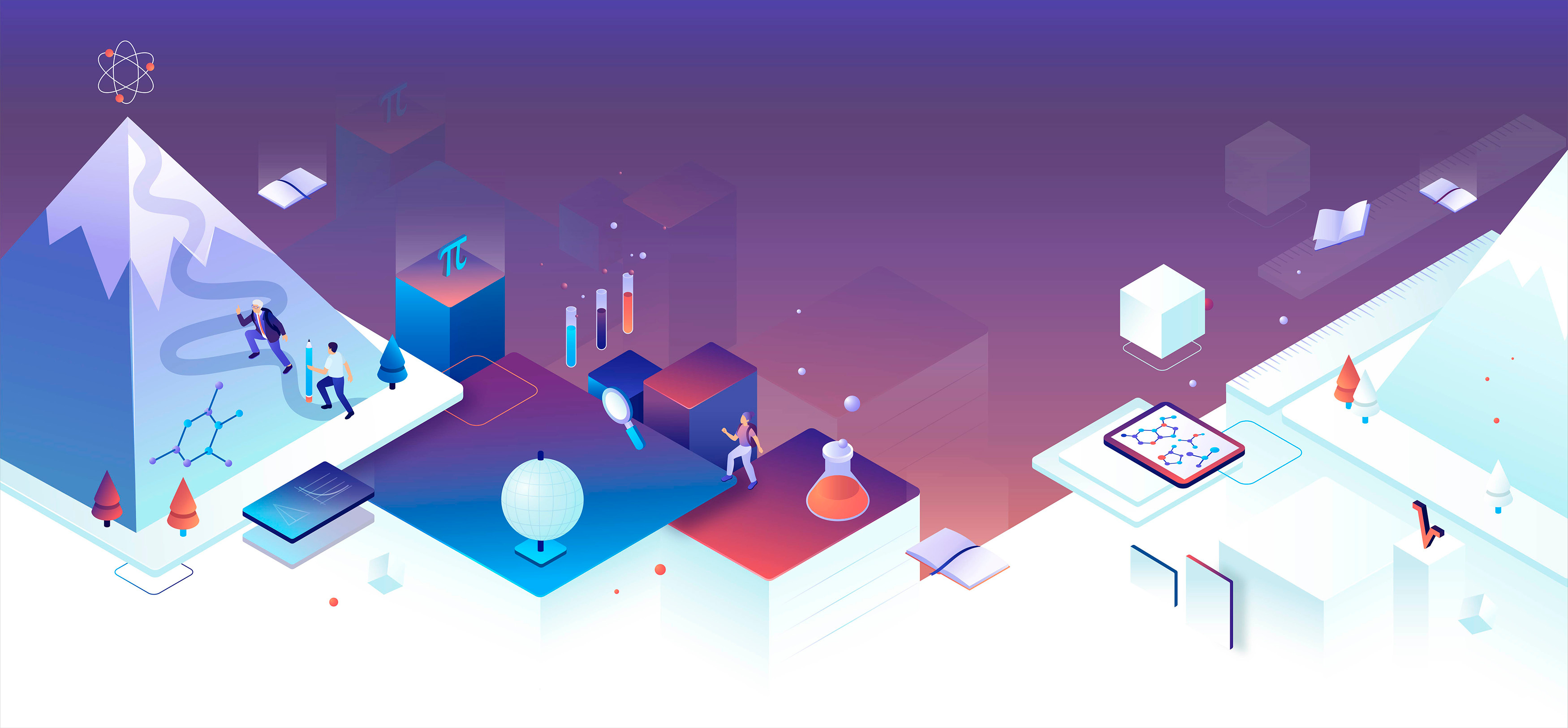 Collection of full-width hiking/climbing isometric images character climb color colorful cute design education gradient hike illustration image isometric learn mountain school student study teacher vector website