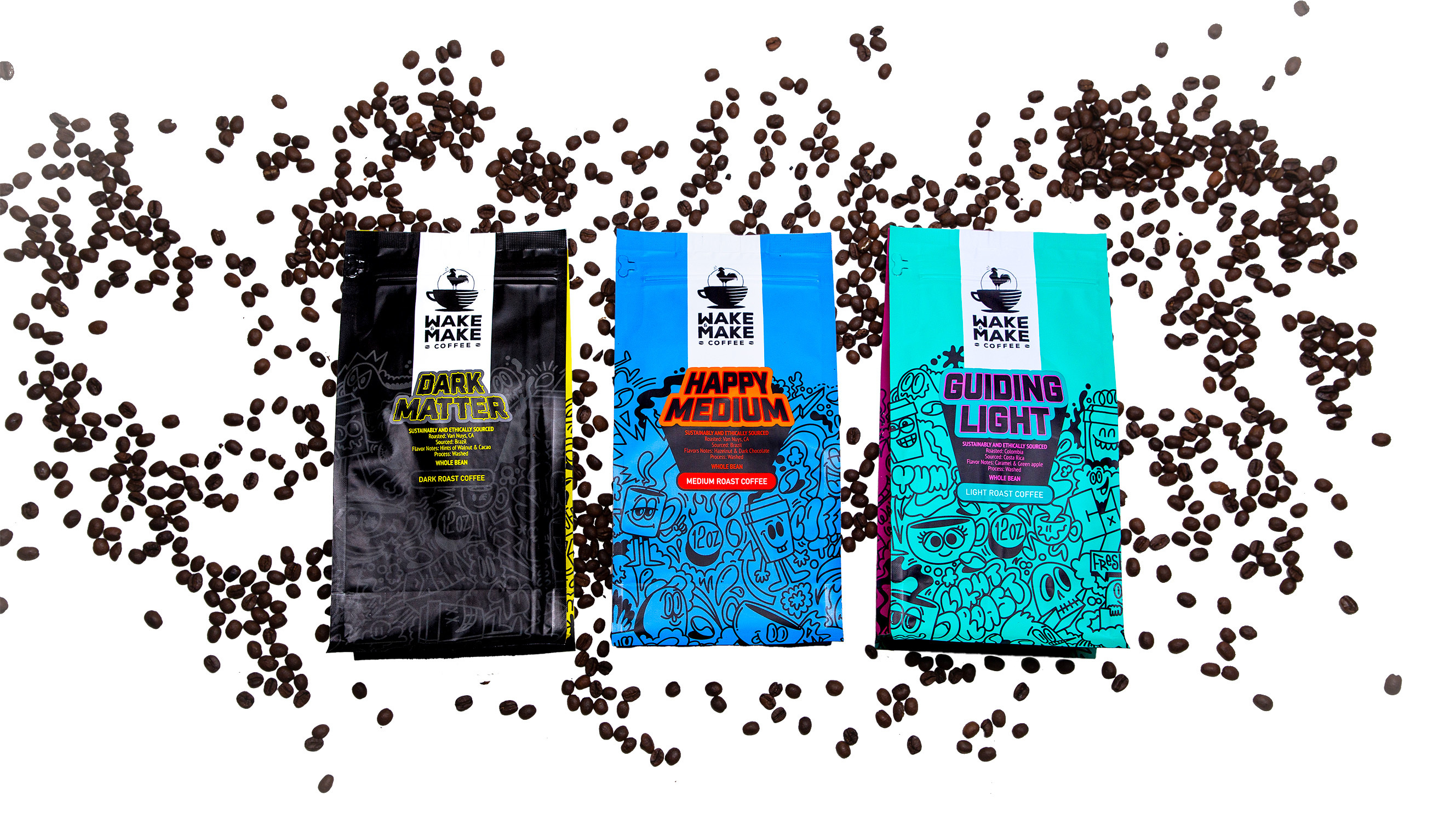Wake & Make Coffee Packaging characters coffee coffee bag coffee design doodles packaging packaging design phil de franco wotto