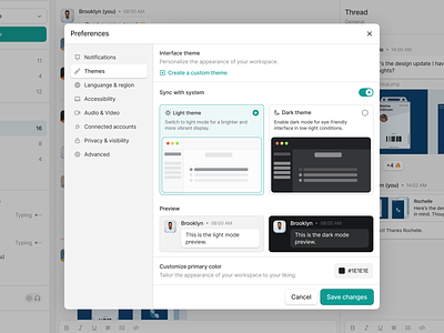 Preferences - Collaborative Communication Platform Saas Webapp app design chat dark mode dashboard discord message messaging modal pop up preferences product design saas settings slack theme threads uidesign uiux uxdesign web app