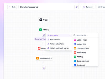 Workflow interaction testing add action ai apollo artificial intelligence branch branching builder clearbit condition crm flow builder hubspot logic builder multi branch sales salesforce trigger true false workflow workflow builder