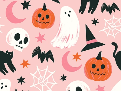 Pink Halloween Pattern bat cat feminine ghost halloween illustration inktober mid century procreate pumpkin skull spooky texture vectober vintage witch