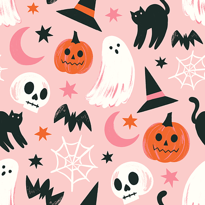 Pink Halloween Pattern bat cat feminine ghost halloween illustration inktober mid century procreate pumpkin skull spooky texture vectober vintage witch