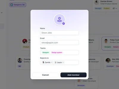 Add a person modal · Organigram · Cesflow border radius buttons chips illustration modal overlay profile roles teams ui untitled