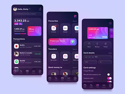 Bank Mobile App app bank dark theme design glassmorphism gradient interface mobile ui ui design