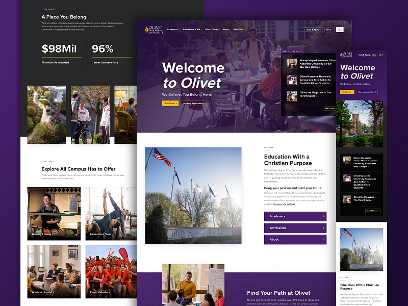 Olivet Nazarene University - Website Redesign, Homepage button campus clean college gold news olivet overlap people photography purple responsive school simple students texture ui ux web design website