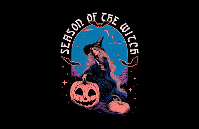 Season of the Witch Tee Design 1970s ai art bats halloween illustration midjourney pumpkin retro art spooky witch