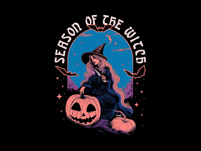 Season of the Witch Tee Design 1970s ai art bats halloween illustration midjourney pumpkin retro art spooky witch