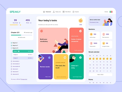 Speakly - My Classroom app design colorful daily goal daily tasks dashboard education illustration interaction design language learning languages learning levels points progress statistics stats streak ui user experience ux