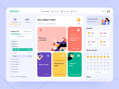 Speakly - My Classroom app design colorful daily goal daily tasks dashboard education illustration interaction design language learning languages learning levels points progress statistics stats streak ui user experience ux