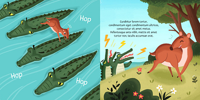" Si Kancil & Si Buaya" Indonesian folktale animal illustration children children art children book crocodile cute digital art fable folktale graphic design illustration story book