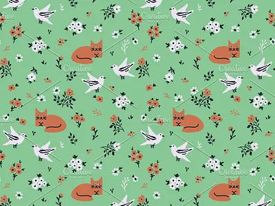 Cats and birds birds cats decorative design floral pattern seamless surface design texture