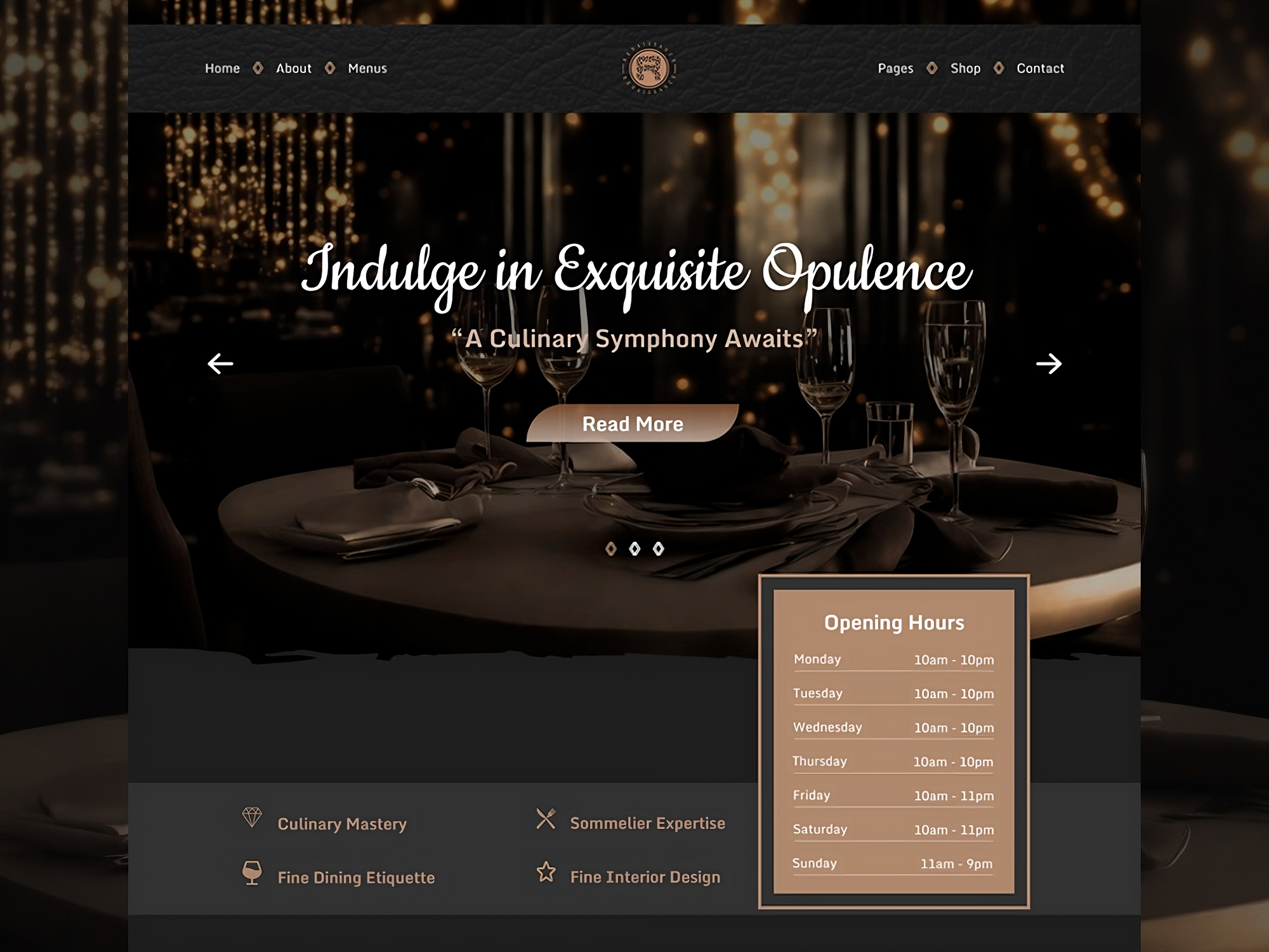 Renaissance Luxury Restaurant Website black dark dinning food food website gold home landing page luxury menu online food order premium food restaurant ui web design