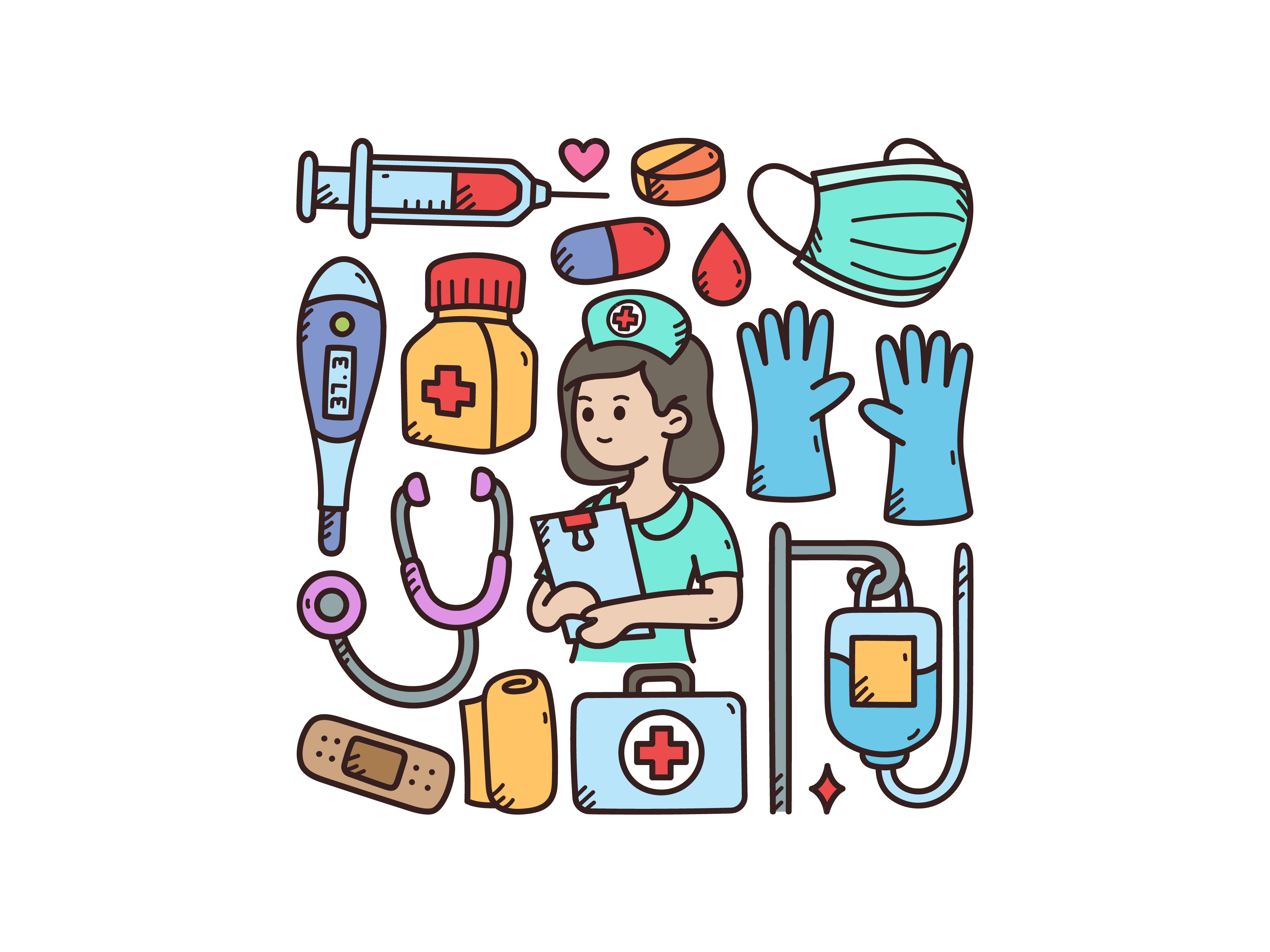 Nurse Doodle Set cute doodle illustration injection nurse thermometer injection thermometer injection vector