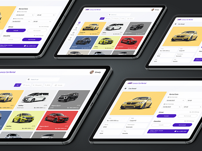 Car Rental App - On Ipad 2023 app apple background best black car colorfull design ipad mobile mockup purple rent simple tablet trend ui ux vehicle