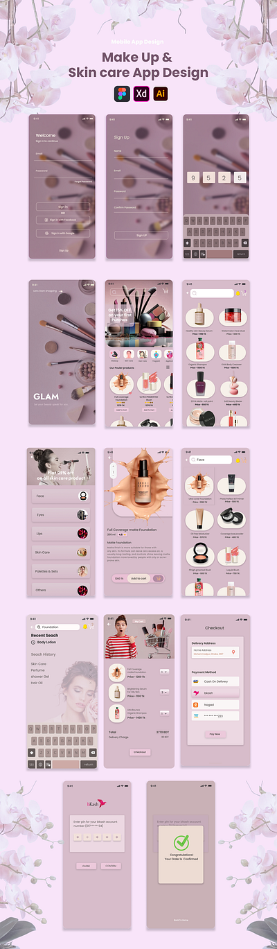 GLAM - Makeup & Skincare App Design app beauty brand branding design graphic design illustration landing page mobile app design mobile ui prototyping saas ui uiux vector