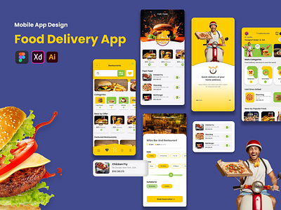 Food Delivery Mobile App Design in Figma app branding delivery app design figma food app food delivery app graphic design illustration landing landing page saas ui uiux xd