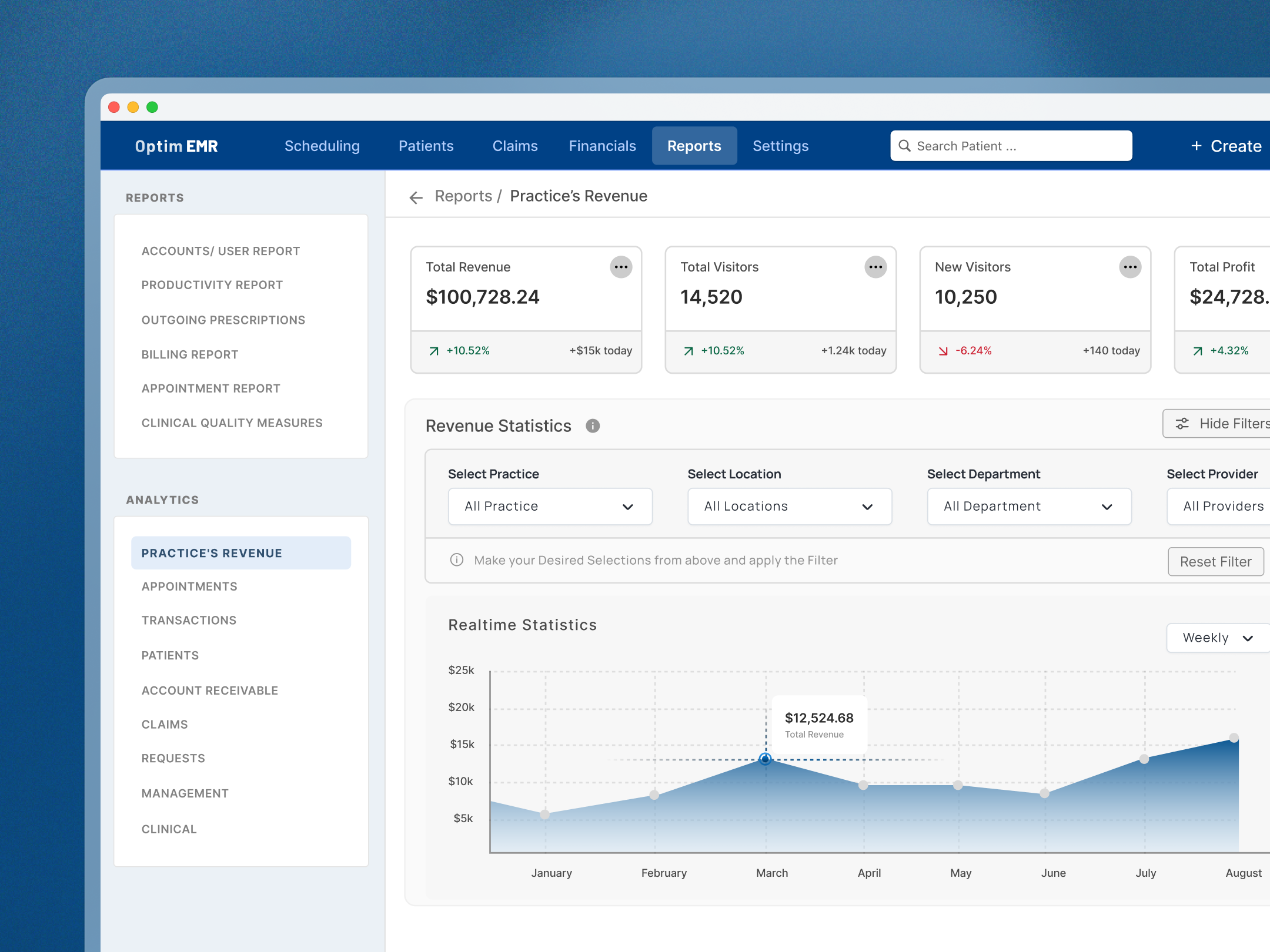 OptimEMR Medical Reports Revenue Dashboard app design dashboard emr emr design ui ui design ux web webapp