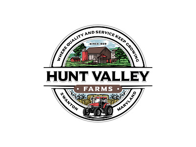 Hunt Valley Farms adventure badge barn beach branding corn design emblem farms forest hand lettering holiday illustration logo logo design tractor tshirt design vintage