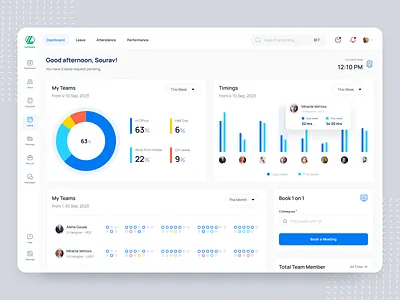 HRMS Dashboard - Leave Tracker attendance overview attendance tracker bar chart booking calendar view clean ui company hr portal complex dashboard dashboard donut pie chart employee performance hr portal hrms leave tracker meeting booking minimal design monthly view performance ui ux