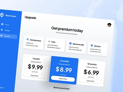 Blue Ocean VPN Dashboard - Upgrade Screen app design blue ocean dashboard internet vpn rp uxcollab ui ui design ui ux user experience user interface ux ux design vpn vpn app vpn app design vpn mobile app vpn website web app website design