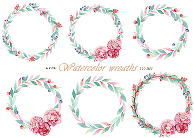 Set of watercolor floral wreaths. Hand painted illustration. watercolor