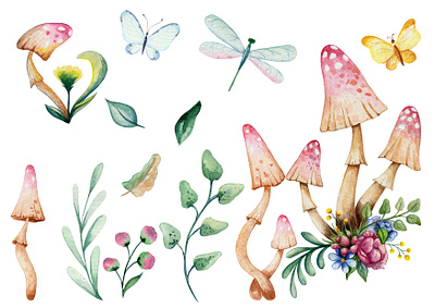 Watercolor mushrooms with flowers and butterflies. Illustration white