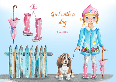 Watercolor clip art girl with a dog autumn boots