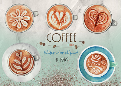 watercolor coffee cup set cappuccino