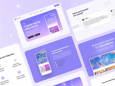 Manifestie. App that sparks miracles animation app cards clean feed gen z gr gradient landing logo manifestation medicine profile sleep sparkles testimonials ui ux web yoga