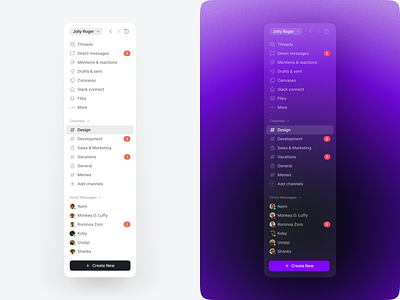 Light vs. Dark Sidebar app application branding chat dark darktheme dashboard gradient light menu minimalism purple sidebar slack theme ui uiux ux web website
