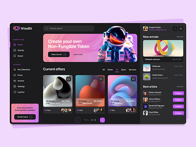 Dashboard for NFT platform WiseBit 3d animation app branding dashboard design figma graphic design illustration inspiration logo mobile design ui ux web design