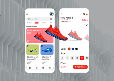 ONLINE STORE - Nike shoe App add to cart color figma home screen nike shoe app product page shoe app size guide tab bar ui