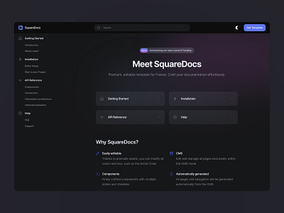 SquareDocs for Framer - Homepage Dark Mode app component dark dark mode dashboard docs documentation framer interface navigation saas sidepanel ui ux