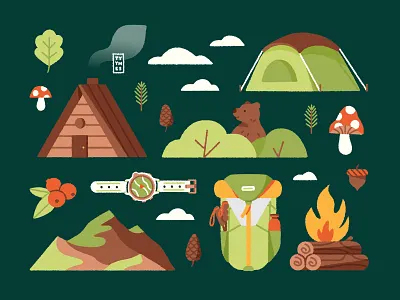 Camping moments backpack bear beautiful berries cabin camping digital fire garmin hiking icon illustration minimal mountains mushroom patagonia procreate tent trip