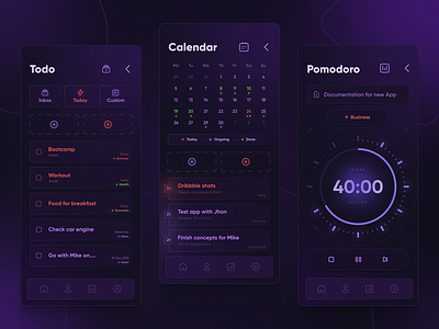 Productivity App app calendar dark theme dashboard ios notes pomodoro productivity timer todo ui user experience user interface ux