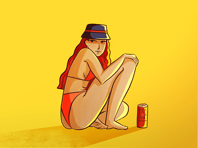 Bucket Hat Babe #1 beach bikini can digital art drawing golden hour illustration procreate woman