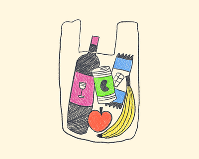 Bags #1: Groceries apple banana can chocolate bar drawing illustration ipad procreate wine bottle