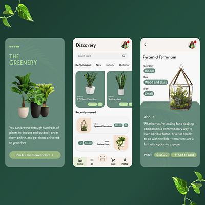 GREENERY - Plant shop (Mobile App) application commerce design flower flower shop green landing page mobile app plant shop shop ui uiux ux web design webdesign website