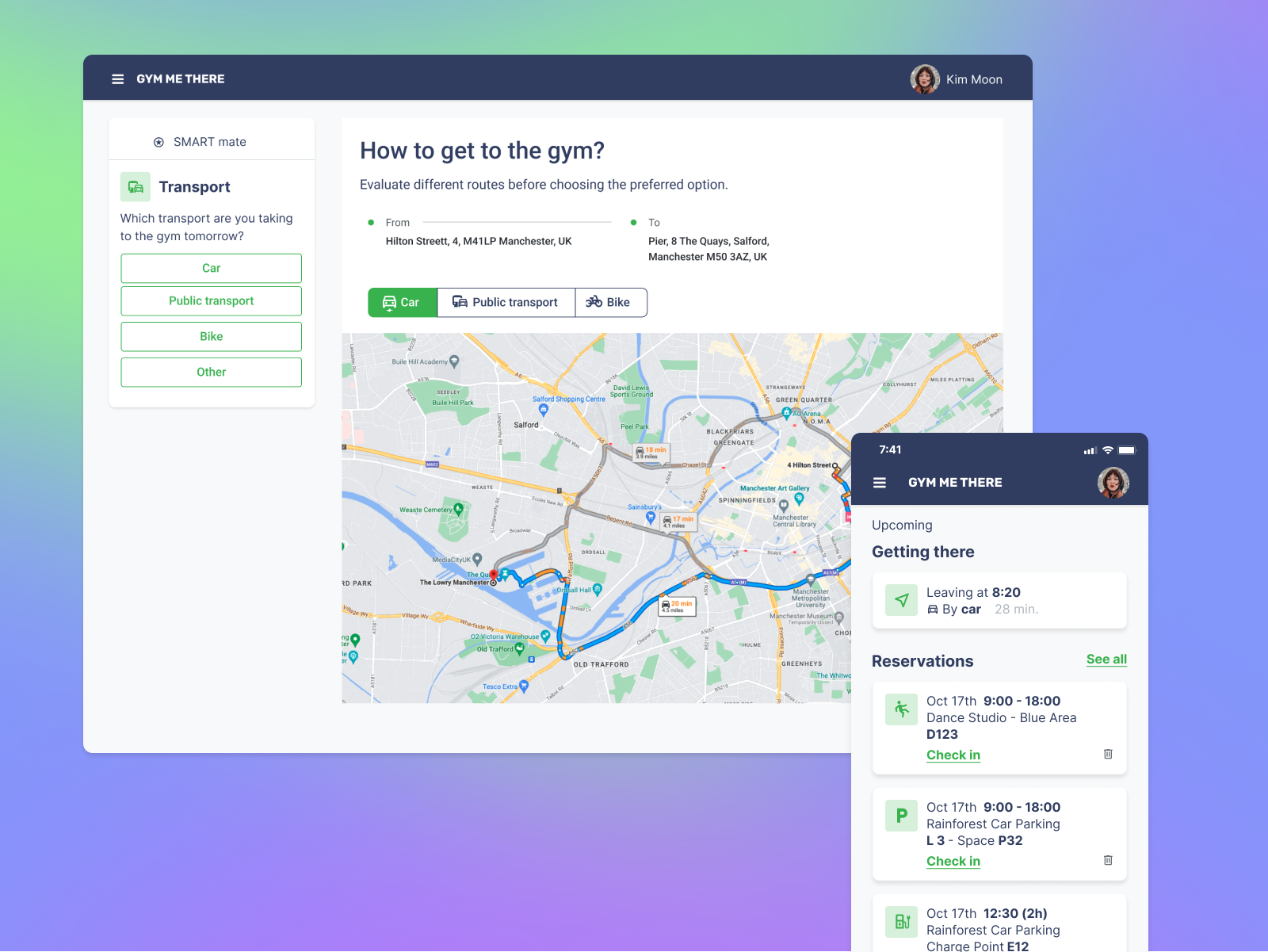 GYM ME THERE - Helping you get to the gym. ai assistant book spot enterprise getting there guide path map mobile app outsystems responsive route smart assistant