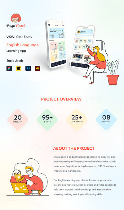 "EngliCoach" UX/UI Case Study on Language Learning App brand identity english app english language english learning english learning app homepage illustration landing page language app language learning app learning app mobile app speaking skill ui ui design uiux uiux case study uiux research ux research