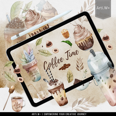 Coffee Time Watercolor Clipart Bundle clipart coffee coffee lovers coffee time digital diy graphic design motion graphics planner png stickers watercolor