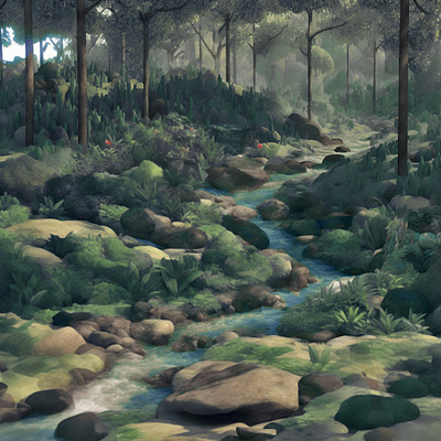 Highly processed river scene 3d illustration digital illustration environment art environment illustration environmental generative art illustration jungle landscape art river stuart wade