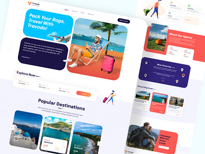 Travodo Travel Agency about us cards cta design footer header hero section illustration landing rounded services stats testimonials tourism travel ui web web design web site website