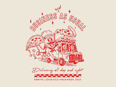 Delivering All Day and Night - Hackweek 2023 cartoon cats cheese cheesy hackweek illustration pepperoni pizza pizza monster pizza shirt pizza time pizza truck third eye vintage