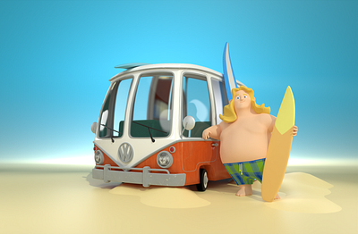 Serfer 3d beach car illustration man serfer van
