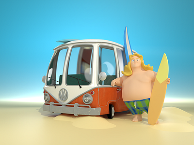 Serfer 3d beach car illustration man serfer van